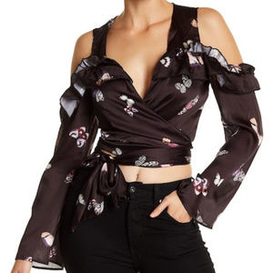 Cold Shoulder Satin Ruffle Top